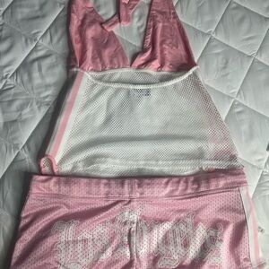 I.AM.GIA Pink and White Mesh Crop Top